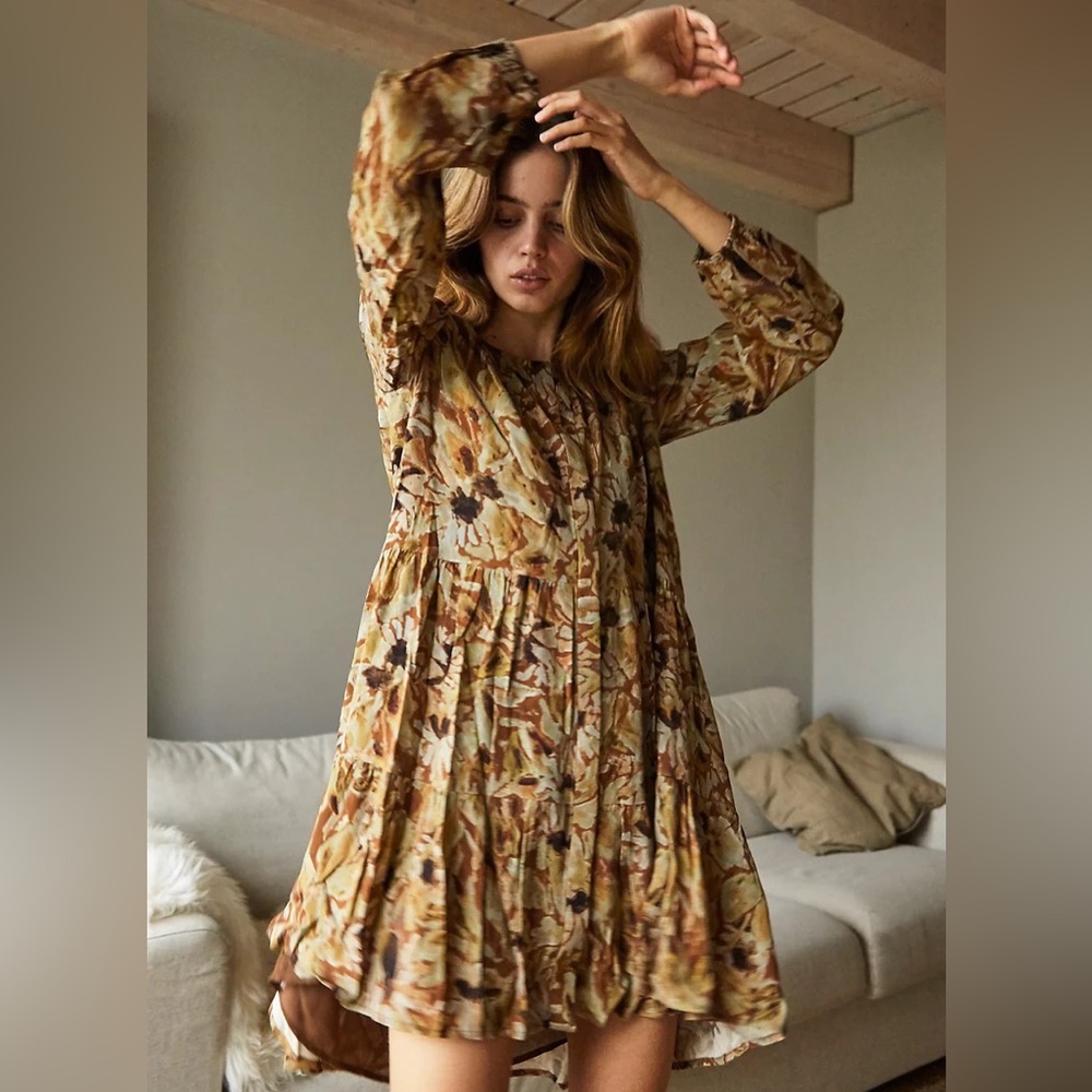 Aritzia Floral Tiered Mini Dress in Mustard and Brown